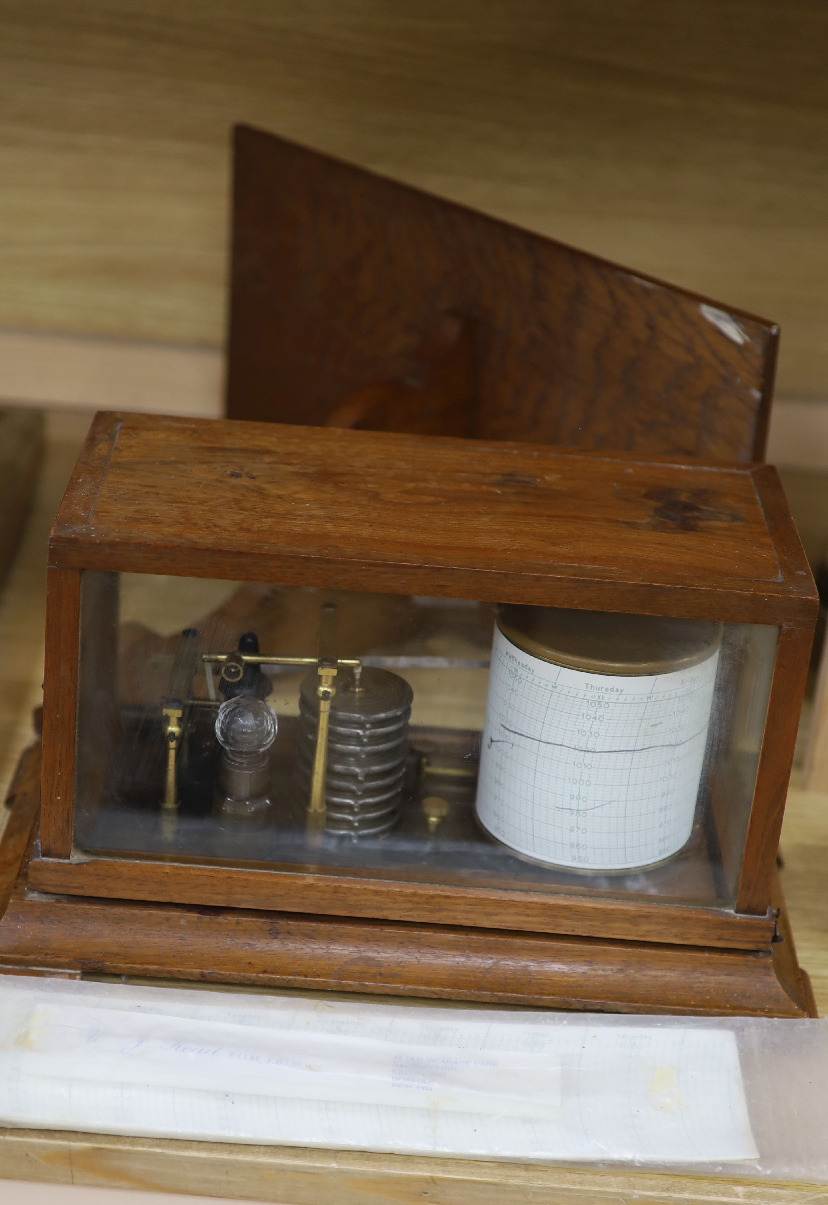 An oak cased barograph, with wall bracket, 36cm wide